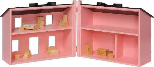 Lapps Toys & Furniture L146 PB-Set Wooden Folding Doll House with Furniture&#44; Pink & Black - Large