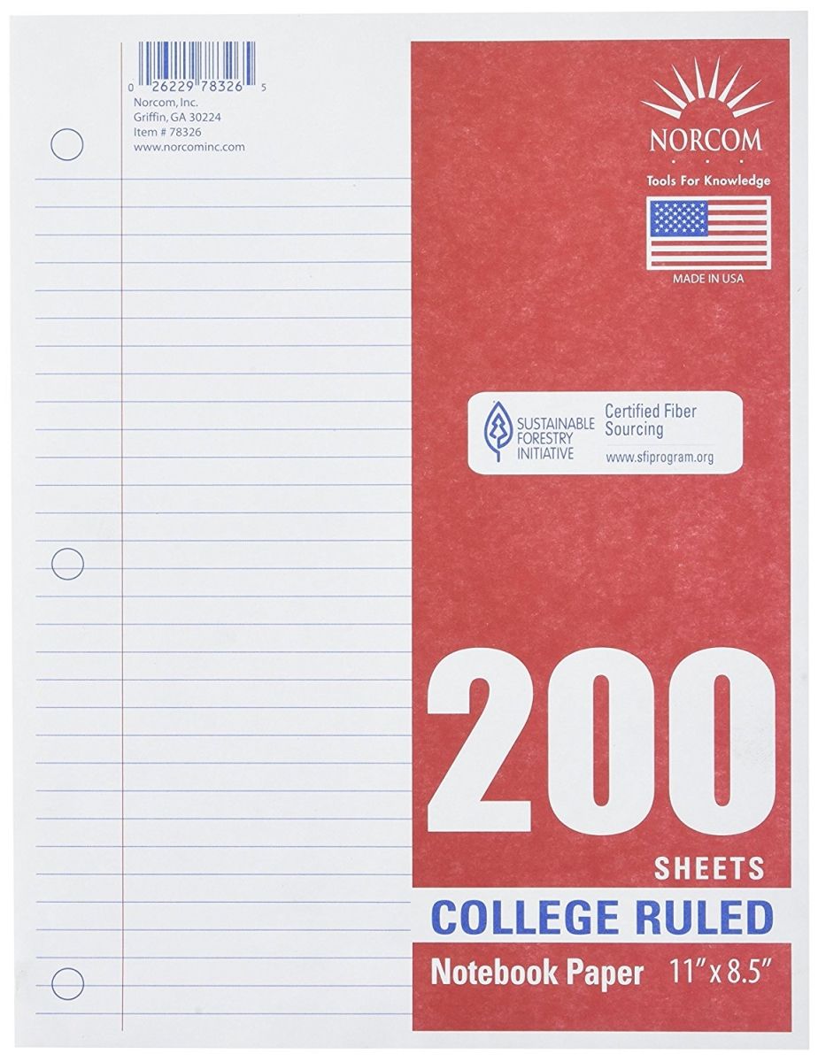 Norcom Inc 78326-24 Norcom Inc 78326-24 11 in. X 8 in. College Ruled Looseleaf Paper 200 Count