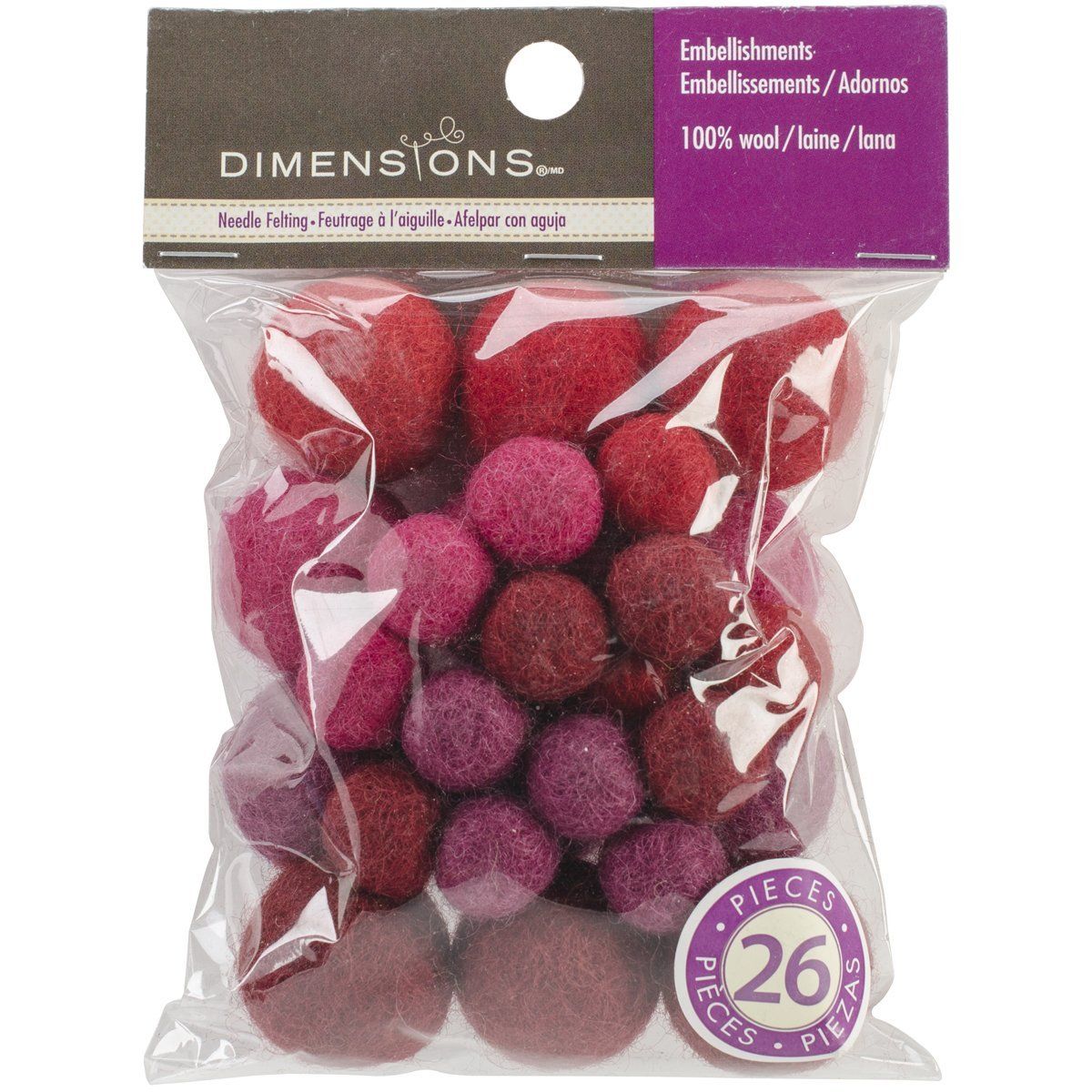 Dimensions Gold Collection 72-74020 Feltworks Garnet Wool Ball Assortment - Pack of 26
