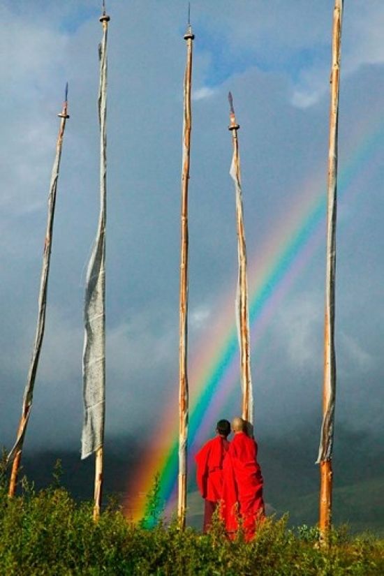 Danita Delimont PDDAS04KSU0067B Rainbow & Monks with Praying Flags Phobjikha Valley Gangtey Village Bhutan Poster Print by Keren Su&#44; 11 x 17