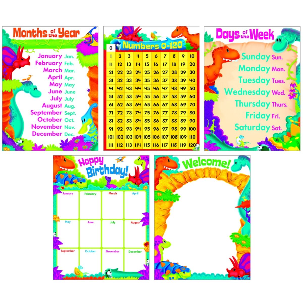 Trend Enterprises 1498275 Learning Chart Dino-Mite Pals 17 x 22 in. - Set of 5