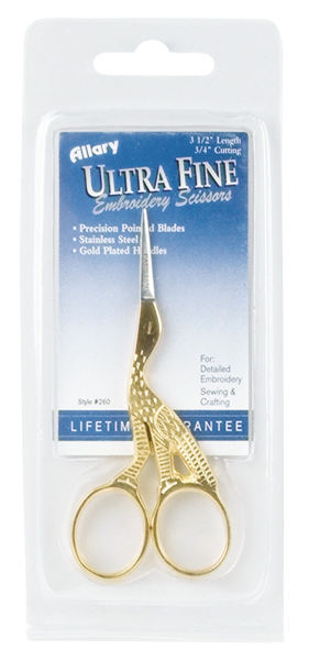 Allary 260A Ultra Fine Stork Embroidery Scissors 3-1-2 in.-Gold Plated
