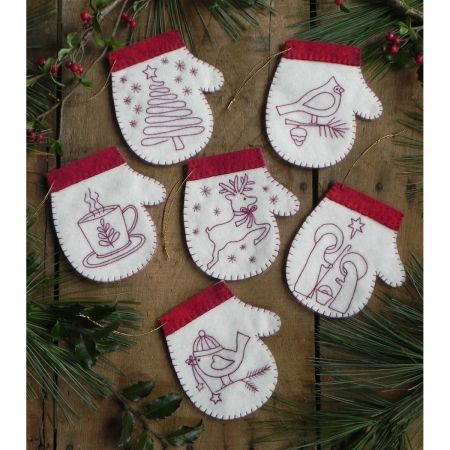 Rachel&apos;s Of Greenfield K0614 Redwork Mittens Ornament Kit-Set Of Six