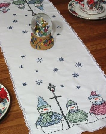 Fairway 27004 Stamped Lace Edge Table Runner 15&apos;&apos;X42&apos;&apos;-Snowman