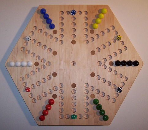 Charlies Woodshop W-1937.2 20 in. Hexagon Aggravation Wooden Marble Game Board with 12 Birch Inlaid Spots&#44; Hard Maple -Oiled - 6-Player - 6-Hole