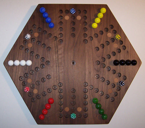 Charlies Woodshop W-1938.1 20 in. Hexagon Aggravation Wooden Marble Game Board with 12 Birch Inlaid Spots&#44; Black Walnut - Oiled - 6-Player - 6 Hole