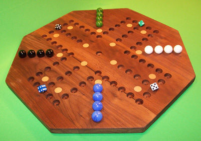 Charlies Woodshop W-1941.3 20 in. Octagon Aggravation Wooden Marble Game Board with 16 Birch Inlaid Spots&#44; Black Walnut - Oiled - 4 Player - 6 Hole