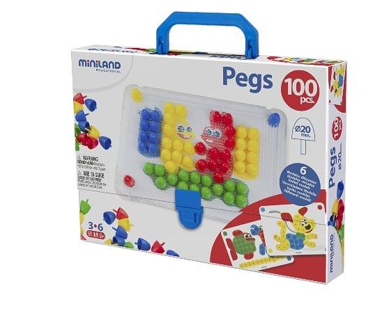 Miniland Educational 31806 Pegs 20mm - 3-4 .inch 100 Pegs  - 6 Worksheets - Retail Box