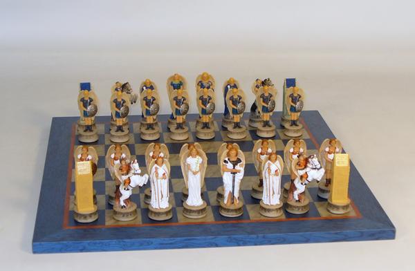 WorldWise Imports R73868-BG Angels Chess Set with Blue & Grey Wood Veneer Board