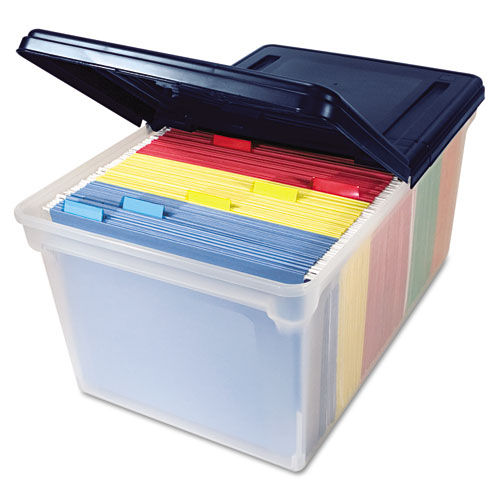 File Tote with Hinged Lid, Letter, Plastic, Clear/Navy