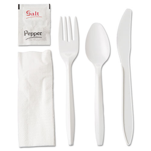 Wrapped Cutlery Kit, Fork/Knife/Spoon/Napkin/Salt/Pepper, White, 250/Carton