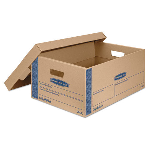 SmoothMove Prime Large Moving Boxes, Lift Lid, 24l x 15w x 10h, Kraft/Blue, 8/CT