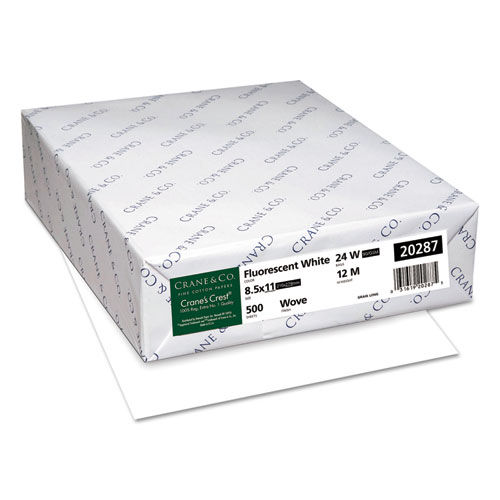 CRANE'S CREST 100% Cotton Paper, 24lb, 98 Bright, Letter, Fluor.White, 500 Sheet