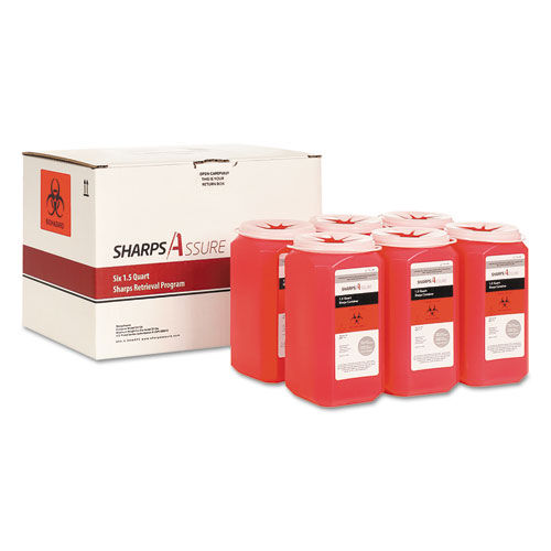 Sharps Retrieval Program Containers, 1.5 qt, Plastic, Red, 6/Box