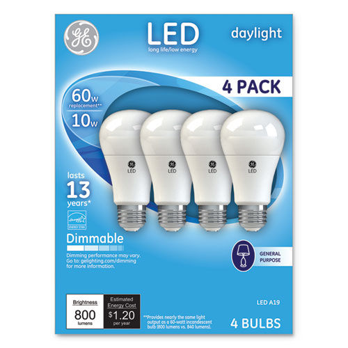 GE 4-Pack LED A19 Dimmable Soft White Light Bulbs – 10W 800 Lumens, 60W Replacement, Energy Star Certified