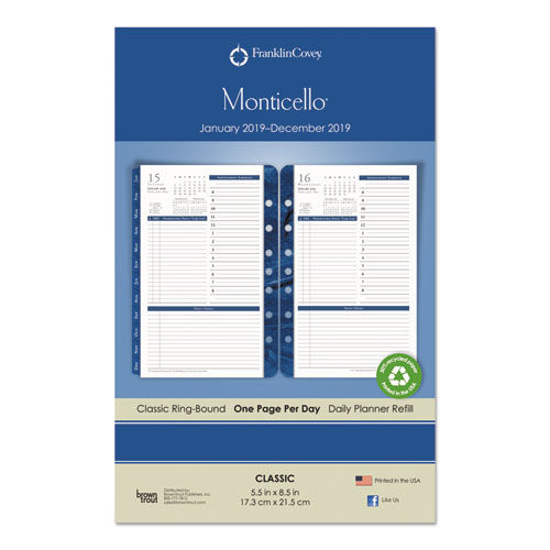 Monticello Dated One-Page-per-Day Planner Refill, 5 1/2 x 8 1/2, 2019