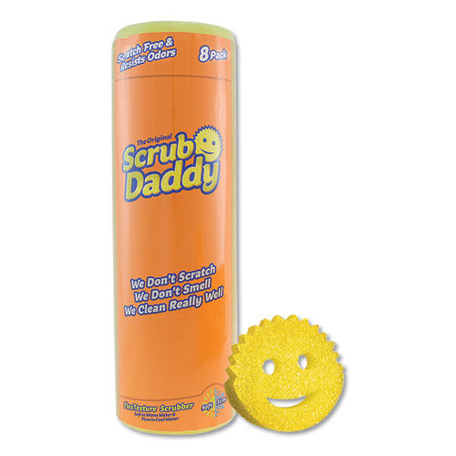 Scratch-Free Scrubbing Sponge, 4 1/8" Diameter, Yellow, Polymer Foam, 8/Pack