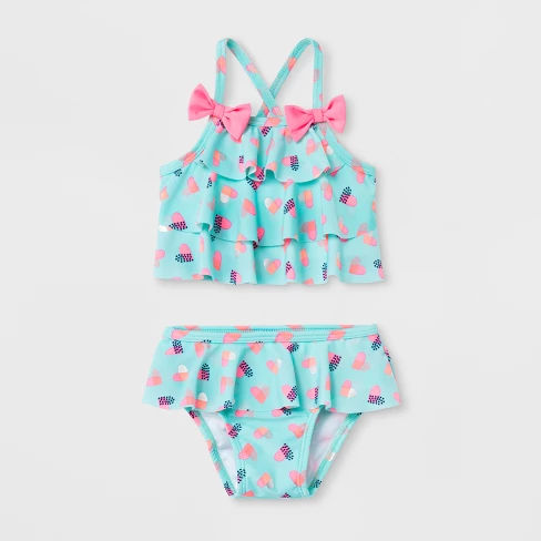 Baby Buns Toddler Girls' Heart Print Bikini Swimwear Set - Blue