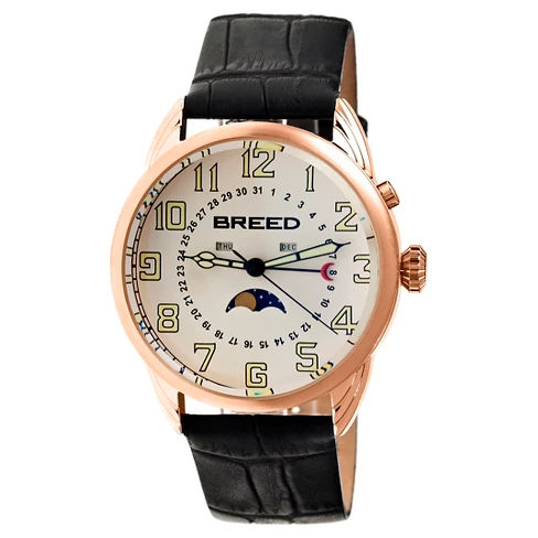 Men's Breed Alton Crocodile-Embossed Leather Strap Watch with Moon Phase-Rose Gold/White