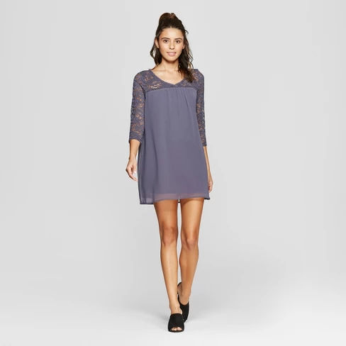 Women's 3/4 Sleeve Lace Yoke Shift Dress - Lily Star (Juniors') Charcoal