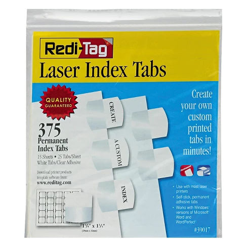 Redi-Tag® Laser Printable Index Tabs, 1 1/8 x 1 1/4, White, 375/Pack