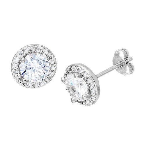 18K White Gold Sterling Silver Halo Cubic Zirconia Post Earring