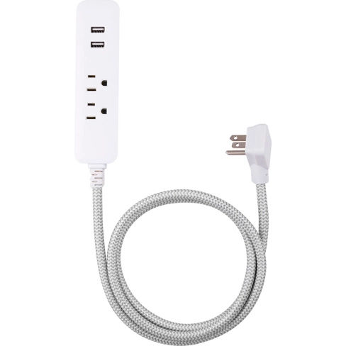 Cordinate Designer 4ft Power Cord With 2 Outlet 2 USB Extension Gray/White