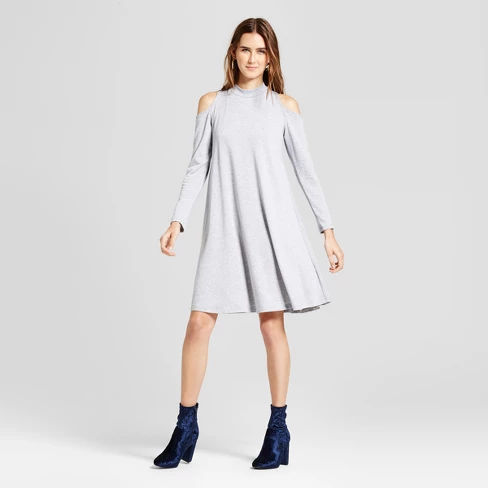 Women's French Terry Cold Shoulder Swing Dress - Vanity Room® Heather Gray XS