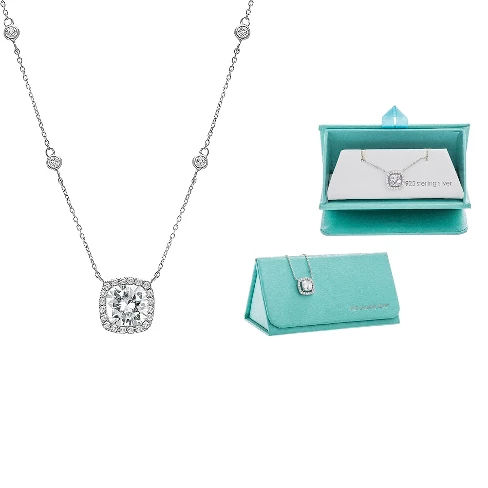 18K White Gold Sterling Silver Cubic Zirconia Cushion Necklace