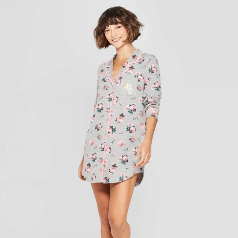 Love and Cherish Women's Floral Print Mrs. Notch Collar Nightgown - Gray