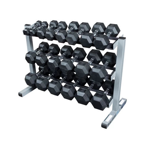 Body Solid Dumbell Rack with 5-50LB Rubber Hex Dumbell Set - (GDR363WSDRS550)