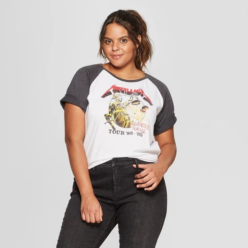 Women's Metallica Plus Size Short Sleeve Raglan T-Shirt - White/ Gray