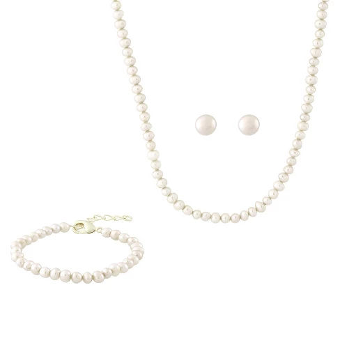 Girls' Ellen Pearl Necklace, Bracelet and Earrings Set in Sterling Silver - White
