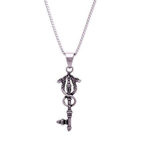 Men's Silver-Tone Stainless Steel Double Dragon Key Necklace
