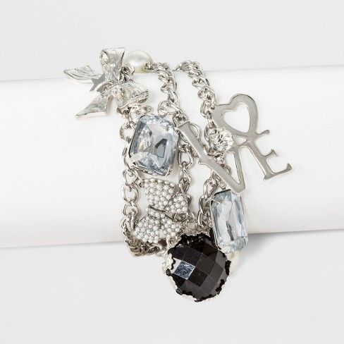 N by nOir Love Silver Multi Row Charm Bracelet 7.5" - Light Silver