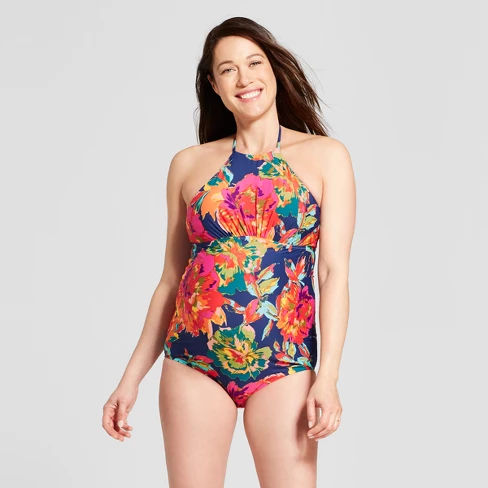 Maternity Floral Printed High Neck One Piece Swimsuit - Sea Angel - Navy