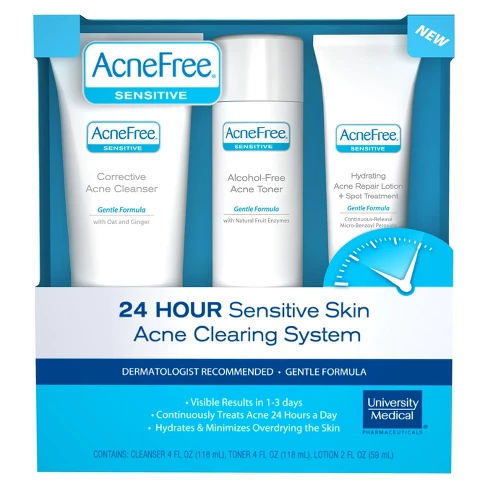 AcneFree 3 Step Acne  Kit for Sensitive Skin with Salicylic  Face Wash, Toner, and Lotion - 3pc