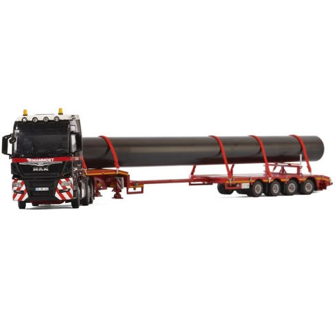 MAN TGX XXL 6x2 Twin Steer "Mammoet" Truck with 4 Axle Low Loader Trailer and Pipe 1/50 Diecast Model by WSI Models