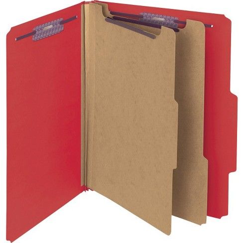 Smead PressGuard Classification Folders with SafeSHIELD Coated Fastener Technology - Letter - 8 1/2" x 11" - 2/5 Tab Cut - 10 / Box - Bright Red