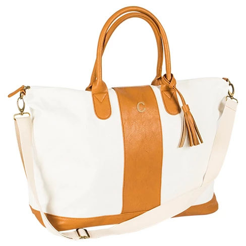 Women's Monogrammed Brown Striped Leather Weekender Bag - Cathy's Concepts