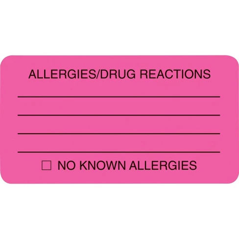 Tabbies ALLERY/DRUG REACTIONS Alert Labels - 3 1/4" Width x 1 3/4" Length - Pink - 250 / Roll