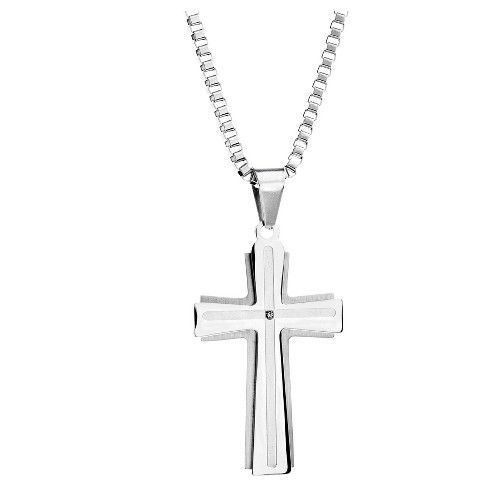 Silver-Tone Stainless Steel Men's Diamond Accent Cross Pendant 24" Box Chain Necklace