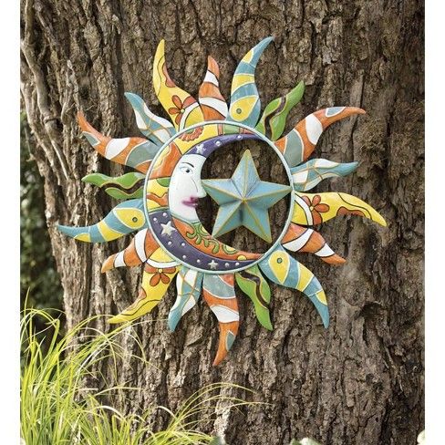 Colorful Metal Talavera Sun, Moon And Star Indoor/Outdoor Wall Art - Wind & Weather