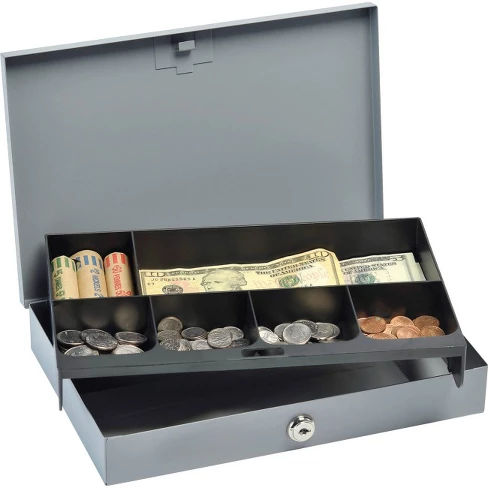 MMF Heavy-gauge Steel Cash Box - Steel - Gray - 2" Height x 11.3" Width x 7.5" Depth