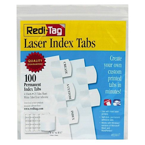 Redi-Tag® Laser Printable Index Tabs, 1 1/8 Inch, White, 100/Pack