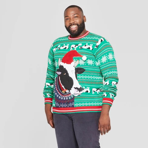33 Degrees Men's Big & Tall Ugly Holiday Christmas Cow Long Sleeve Pullover Sweater - Green