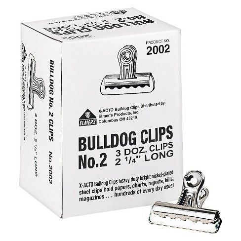 X-ACTO® Bulldog Clips, Steel, 1/2" Capacity, 2-1/4"w, Nickel-Plated, 36/Box