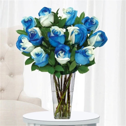 Blue and White Roses, 12 Stems - with Vase