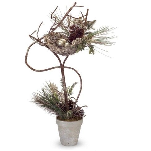 Diva At Home 28" Mixed Pine with Holly, Pine Cones and Birds Nest Christmas Topiary Tree