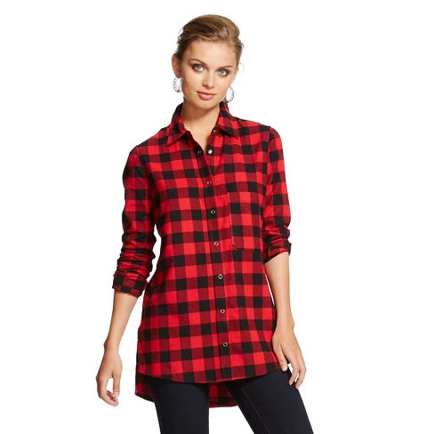 Women's Button-Down Plaid Tunic - Red Plaid L - Nitrogen